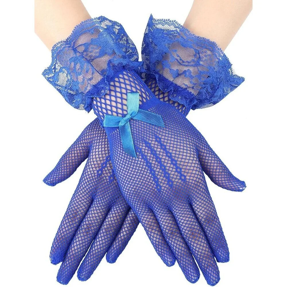 Women's Elegant Royal Blue Short Bow Style Lace Gloves Dinner Wedding Party Prom